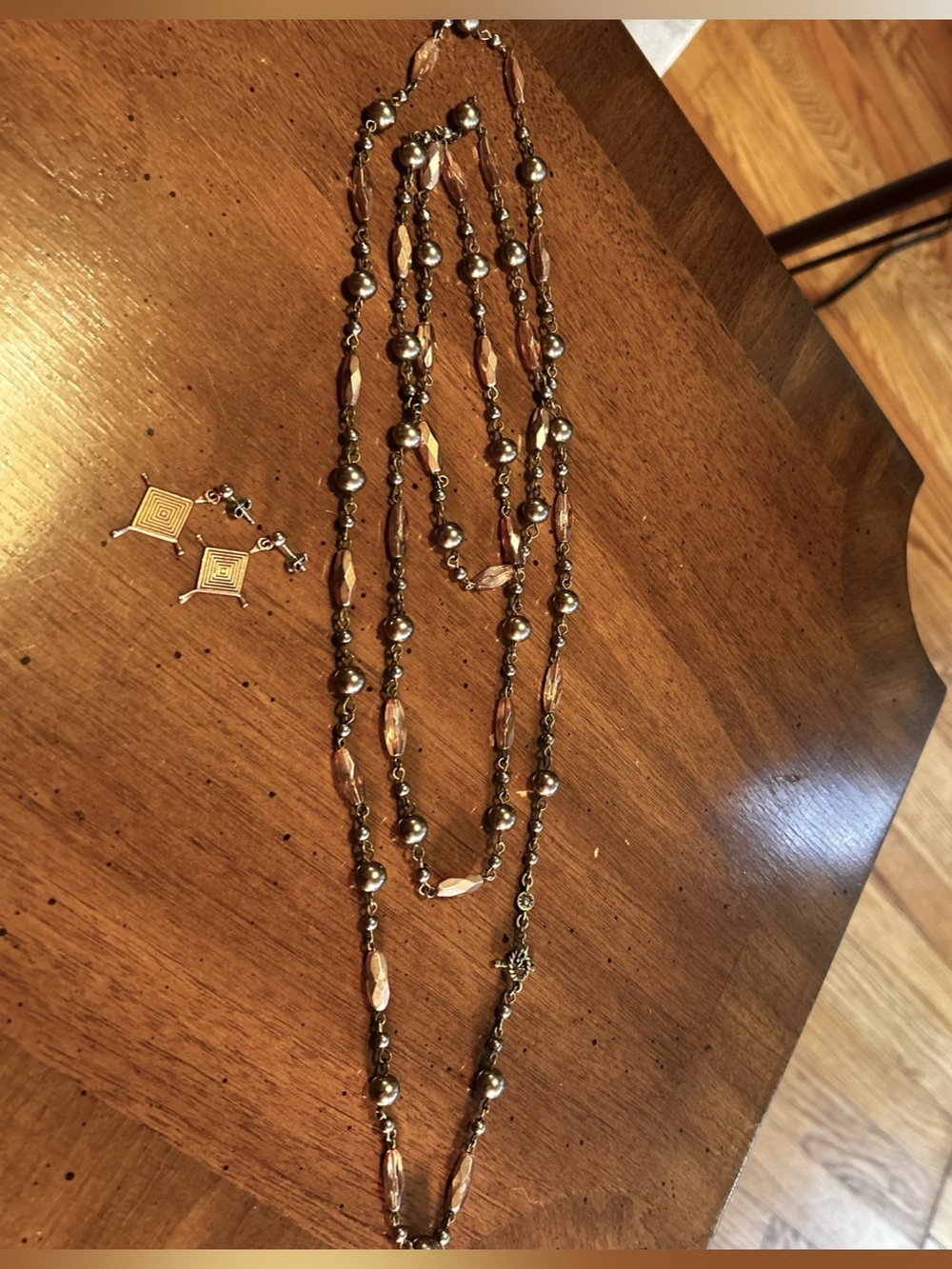 Long Beaded Necklace & Earrings in Bronze & Amber with Taupe Pearls